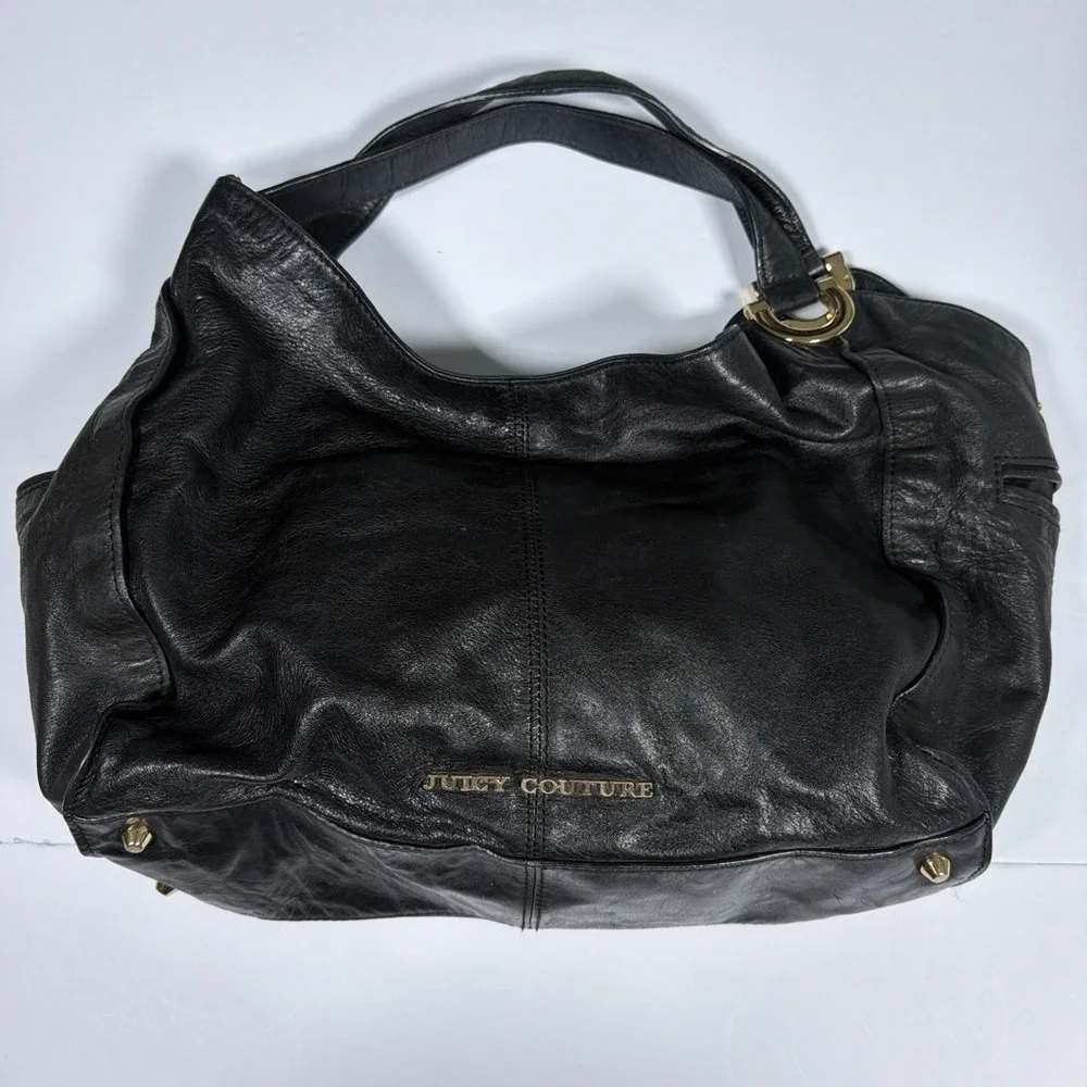 Vintage Y2K Juicy Couture Black Leather Hand Bag Purse Studded Key Hobo